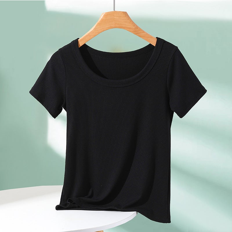Threaded Short-Sleeved T-Shirt Women'S Summer Outer Wear Knitted Round Neck Base Shirt With Solid Color Thin Foreign Style All-Match Top - Image 1