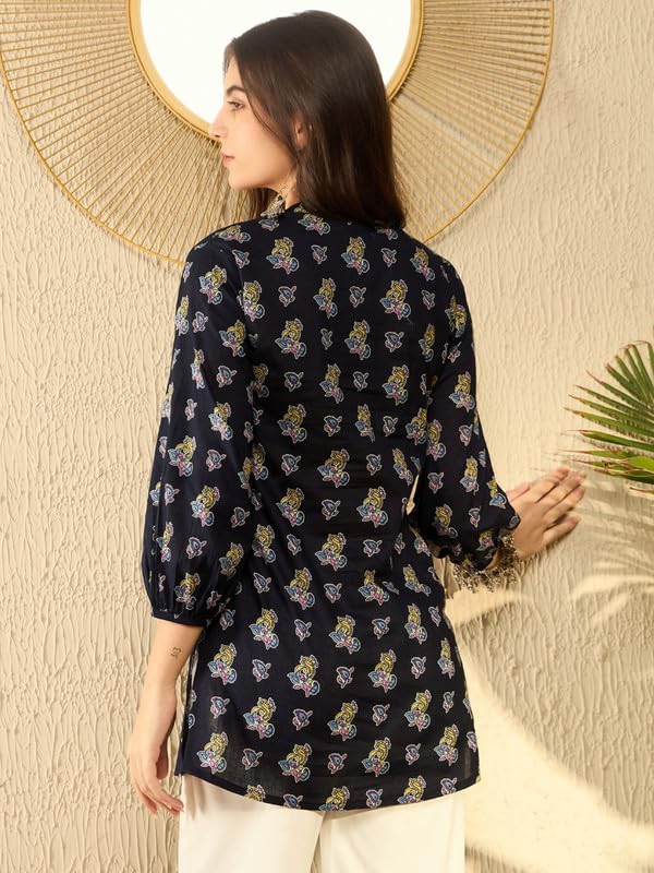 Vaamsi Women's Rayon Blend Ethnic Motifs Printed Top (VT1302_M_Navy Blue) - Image 2