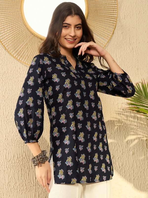 Vaamsi Women's Rayon Blend Ethnic Motifs Printed Top (VT1302_M_Navy Blue) - Image 5