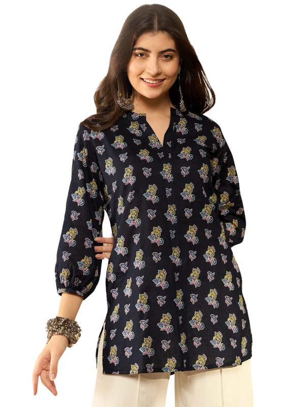 Vaamsi Women's Rayon Blend Ethnic Motifs Printed Top (VT1302_M_Navy Blue) - Image 1