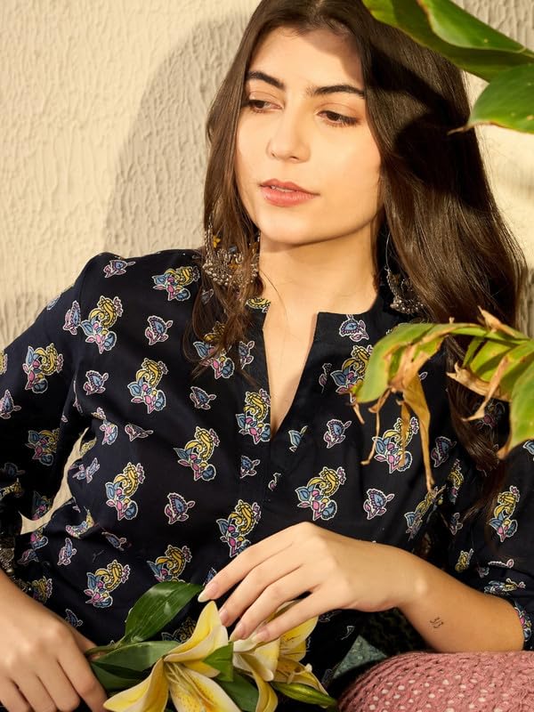 Vaamsi Women's Rayon Blend Ethnic Motifs Printed Top (VT1302_M_Navy Blue) - Image 3