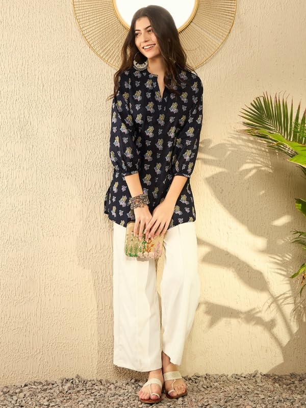 Vaamsi Women's Rayon Blend Ethnic Motifs Printed Top (VT1302_M_Navy Blue) - Image 4