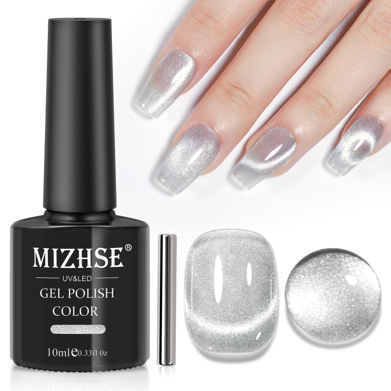 MIZHSE Universal Silver Cat Eye Gel Nail Polish, Magnetic Gel Polish with Magnet Stick, 10 ml Velvet Gray Glitter Galaxy Cateye Nail Polish Soak Off Nail Art Salon Manicure DIY at Home - Image 1