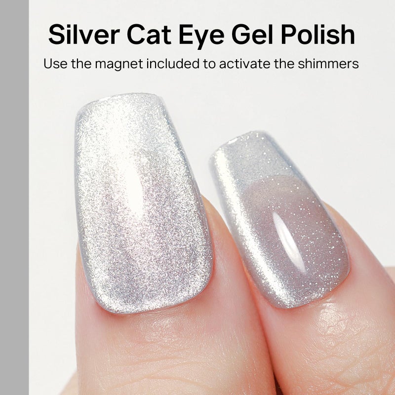 MIZHSE Universal Silver Cat Eye Gel Nail Polish, Magnetic Gel Polish with Magnet Stick, 10 ml Velvet Gray Glitter Galaxy Cateye Nail Polish Soak Off Nail Art Salon Manicure DIY at Home - Image 3