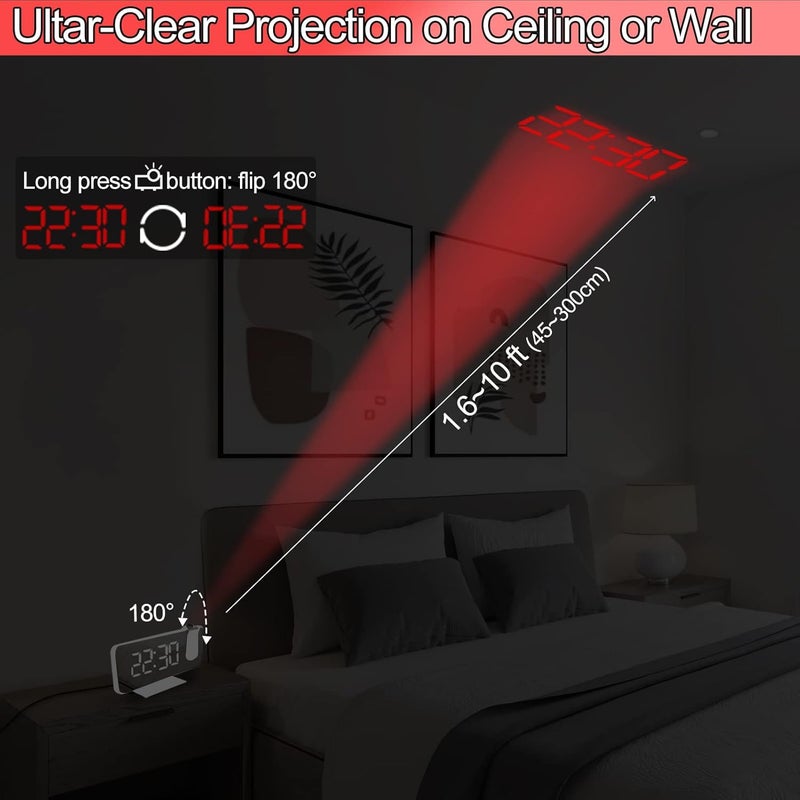 CENTOLLA Projection Alarm Clock for Bedroom, 7.4 Inch Large LED Display With Ceiling Projection, 180 Projector, USB Charger, Dimmer, Dual Alarms for Desk Decor (Plug Not Included) - Image 3