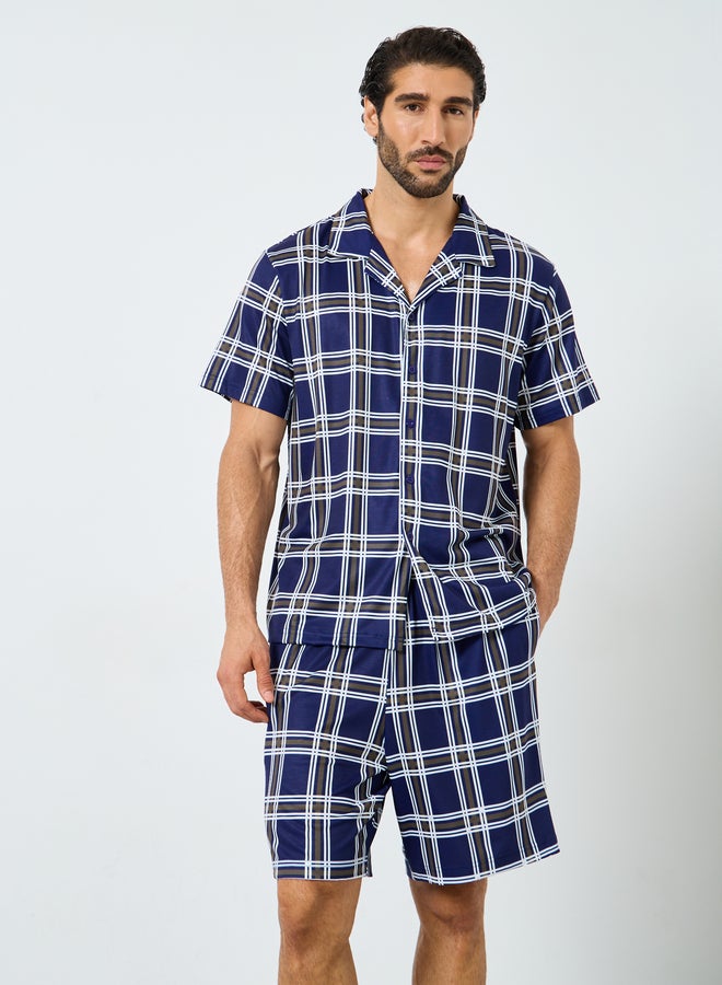 Styli Navy Blue Checkered Short Sleeve Shirt and Shorts Set - Image 2