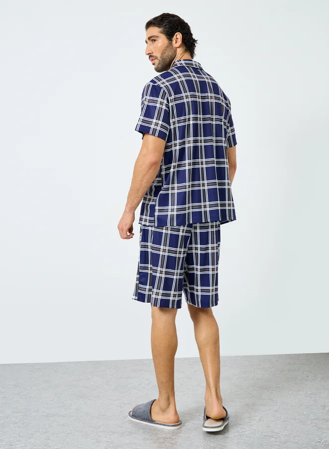 Styli Navy Blue Checkered Short Sleeve Shirt and Shorts Set