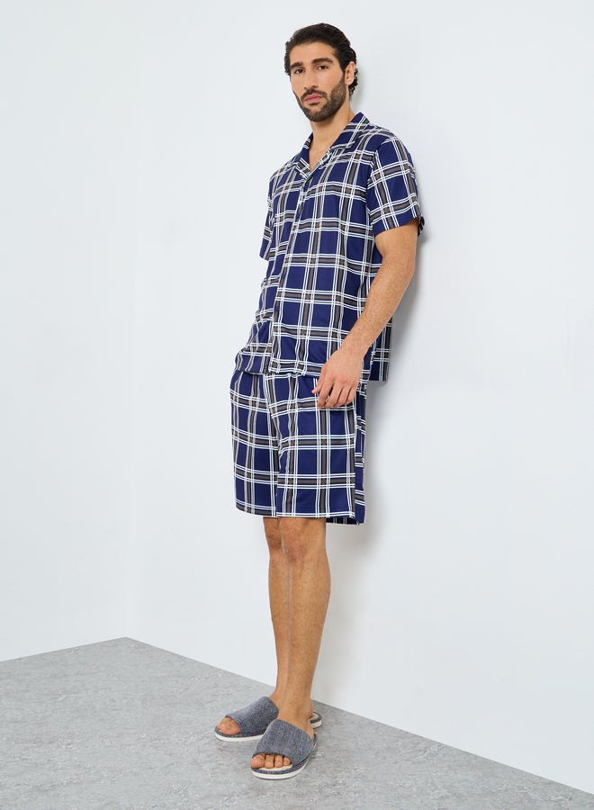 Styli Navy Blue Checkered Short Sleeve Shirt and Shorts Set - Image 1