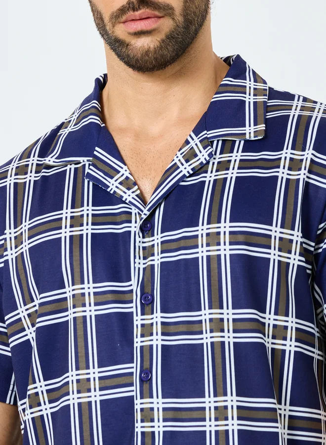 Styli Navy Blue Checkered Short Sleeve Shirt and Shorts Set