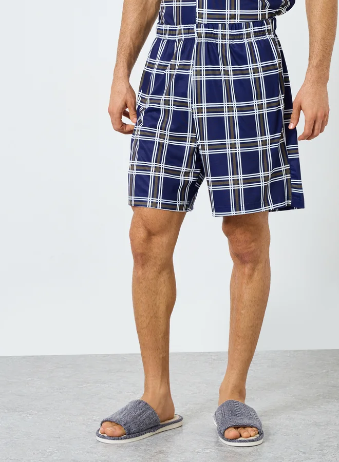 Styli Navy Blue Checkered Short Sleeve Shirt and Shorts Set