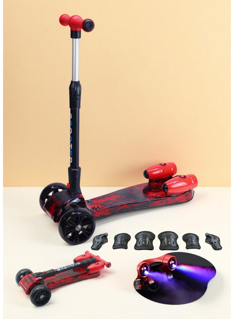 إيزي فيتشور سكوتر سهل الاستخدام بثلاث عجلات للأطفال من عمر 3 إلى 14 سنة، مزود بتأثير رذاذ الماء والدخان وموسيقى بلوتوث، وعجلات مضيئة بتقنية LED، ونظام توجيه سهل بالانحناء، قابل للطي وآمن للقيادة، ويشمل مجموعة معدات واقية. - Image 1