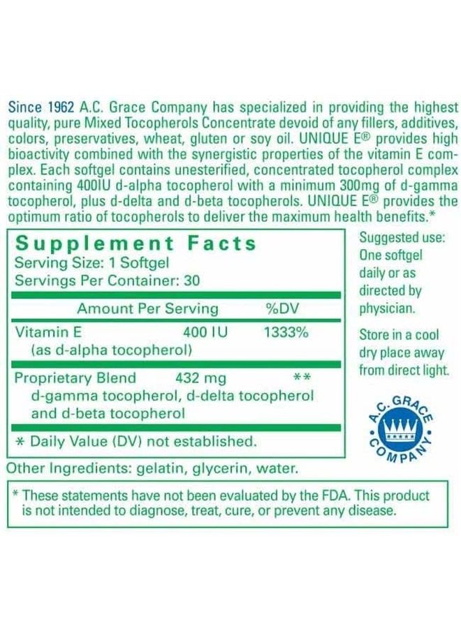 UNIQUE E A.C. Grace Company, Mixed Tocopherols Concentrate Softgels, 30 Count - Image 3