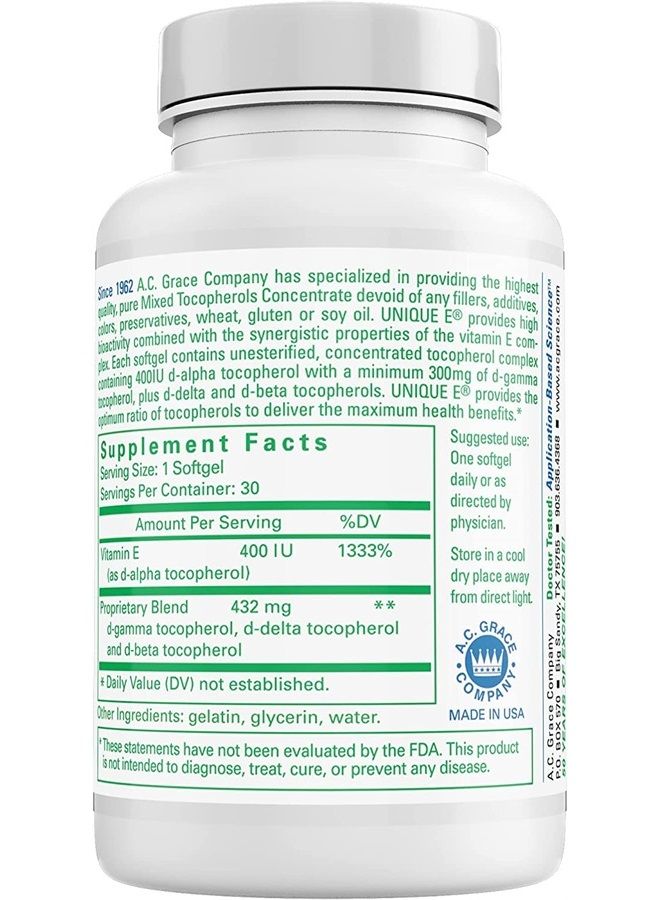 UNIQUE E A.C. Grace Company, Mixed Tocopherols Concentrate Softgels, 30 Count - Image 2