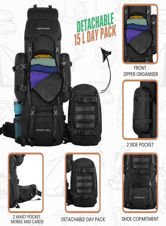 Hyper Adam 95L Rucksack with Detachable Bag & Rain Cover for Trekking & Travelling | Mountain Bags For Men & Women| Tough Frame Support Backpack Military Grade Made Rucksack Bag for Men & Women - Image 3