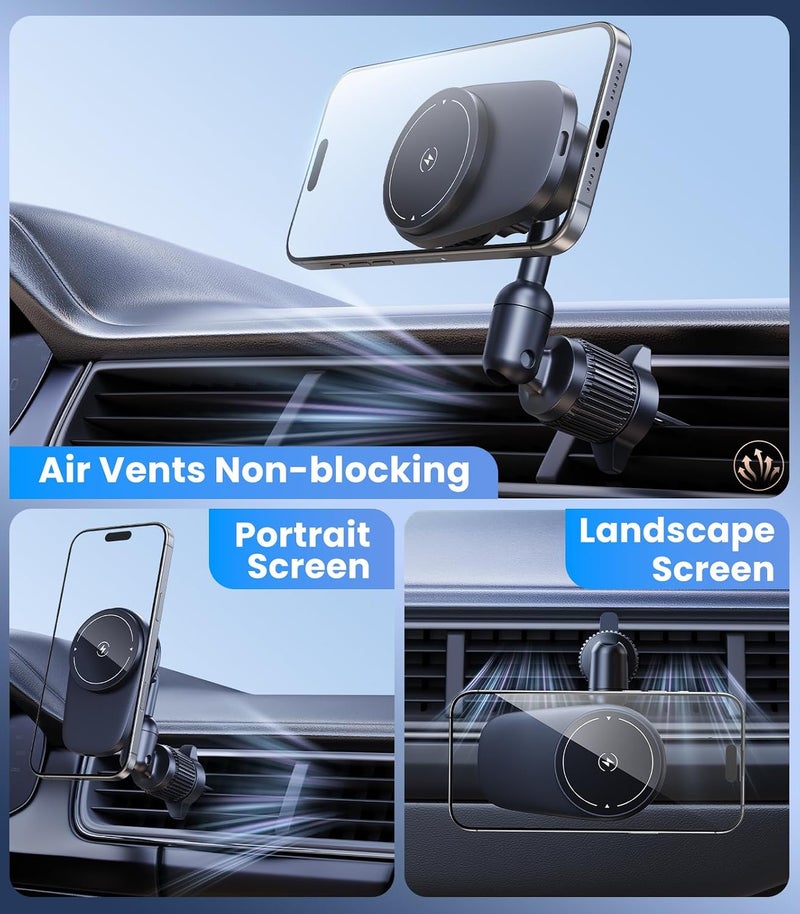 DICMKY Long-arm Wireless Magnetic Car Phone Holder Mount with Cooling Fan & RGB Lights, 15W Fast Charging Auto-Rotate Charger for iPhone 17/16/15/14/13/12 S25 Samsung Google, Car Air Vent Mount - Image 3