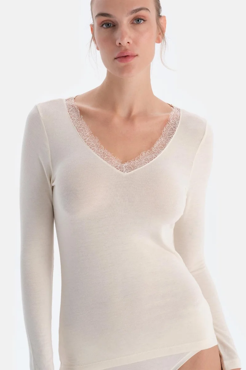 dagi Ecru 5015KC Modal Cashmere Lace Detail V Neck Long Sleeve Blouse