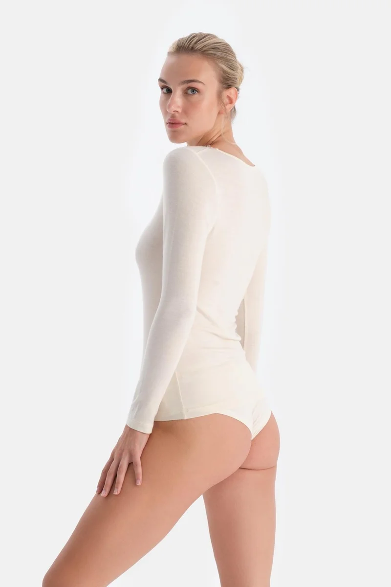 dagi Ecru 5015KC Modal Cashmere Lace Detail V Neck Long Sleeve Blouse