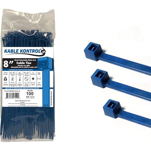 Kable Kontrol Metal Detectable Zip Ties – 8” Inch Long – Blue - 40 Lbs Tensile Strength – 100 Pcs/Pack | Iron Impregnated Nylon 6-6 | Durable | Cable Management Wire Wraps - Image 1