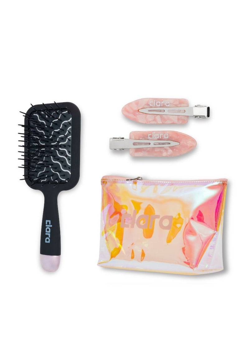 CLARA The Everyday Essentials Pink Bundle – CLARA Pink Travel Beauty Bag, Black Wide Paddle Hair Brush & Pink Hair Clips Set - Image 1