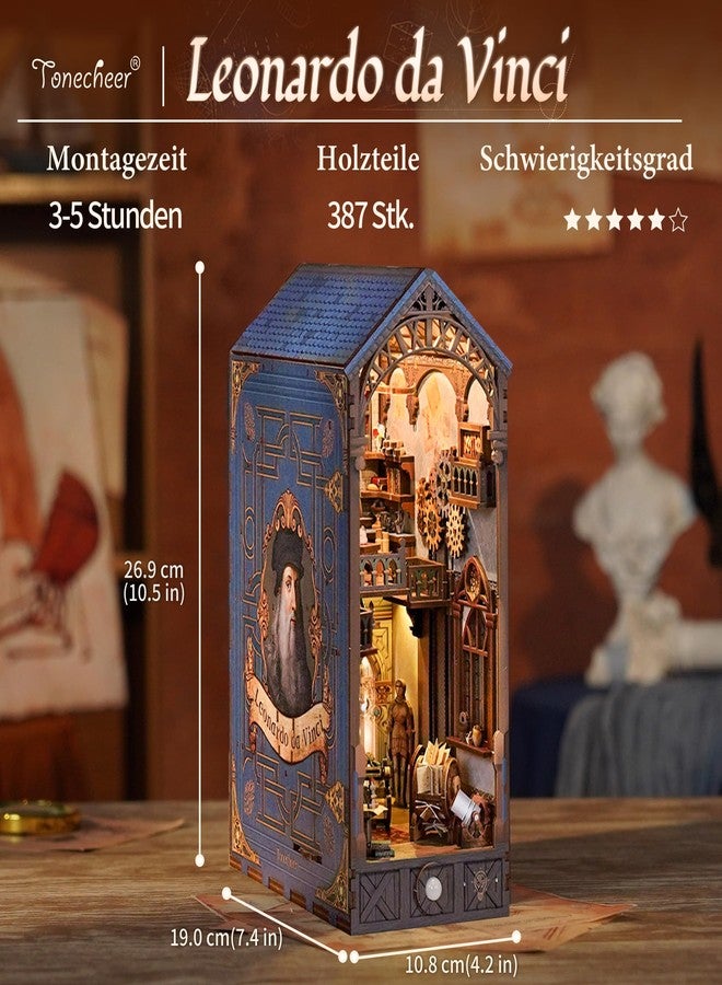 Tonecheer DIY Book Nook Kit for Adults, 3D Puzzle Wooden Miniature House Kit, Booknook Dollhouse Bookshelf Insert Decor Bookend with Dust Cover and LED Lights Gifts (Leonardo da Vinci) - Image 2
