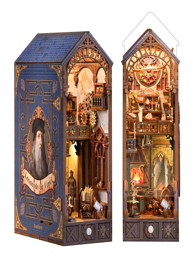 Tonecheer DIY Book Nook Kit for Adults, 3D Puzzle Wooden Miniature House Kit, Booknook Dollhouse Bookshelf Insert Decor Bookend with Dust Cover and LED Lights Gifts (Leonardo da Vinci) - Image 1