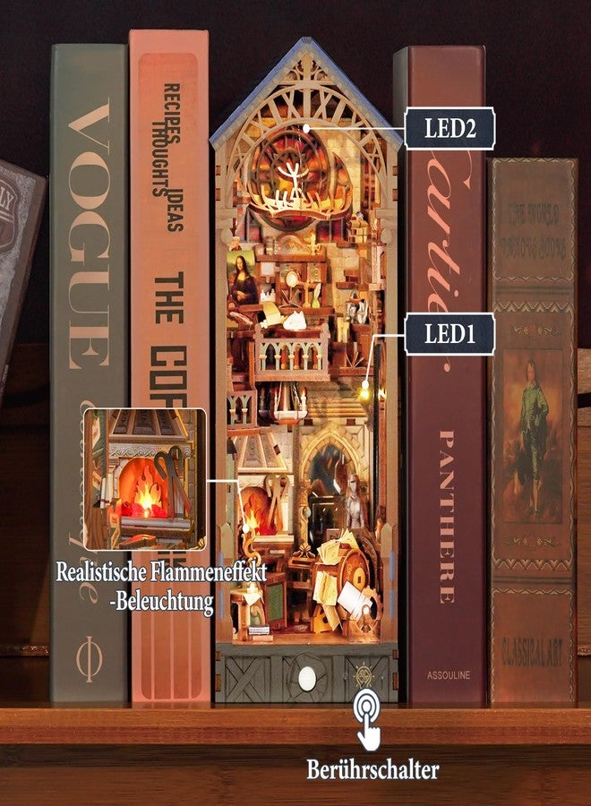 Tonecheer DIY Book Nook Kit for Adults, 3D Puzzle Wooden Miniature House Kit, Booknook Dollhouse Bookshelf Insert Decor Bookend with Dust Cover and LED Lights Gifts (Leonardo da Vinci) - Image 3