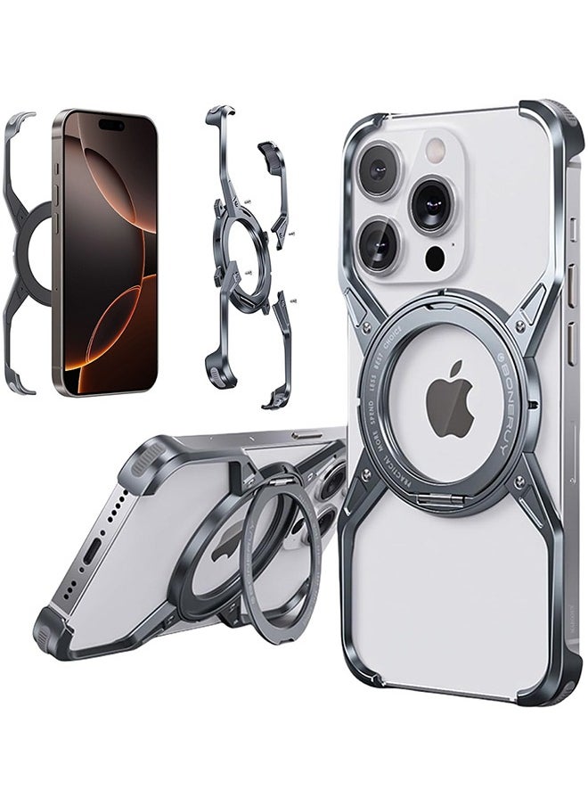 CATANES ( for iPhone 16 Pro Max )  Frameless Magsafe Hard Case Cover Shockproof Cool Luxury Design Luxury Light Metal with 360° Rotation Magnetic O Ring Stand / Grey Colour  - Image 1