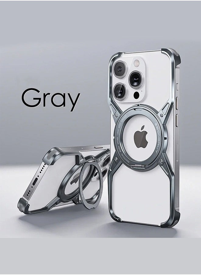 CATANES ( for iPhone 16 Pro Max )  Frameless Magsafe Hard Case Cover Shockproof Cool Luxury Design Luxury Light Metal with 360° Rotation Magnetic O Ring Stand / Grey Colour  - Image 2