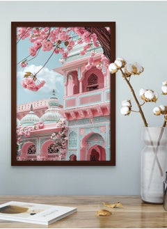 Art Decor Art Decor Pastel Blue Pink Indian Palace Poster Art with Cherry Blossoms Architecture Framed Wall Art Traditional Design for Living Room Bedroom Office Home Decoration Gifting  - Image 1