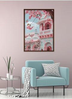 Art Decor Art Decor Pastel Blue Pink Indian Palace Poster Art with Cherry Blossoms Architecture Framed Wall Art Traditional Design for Living Room Bedroom Office Home Decoration Gifting  - Image 2