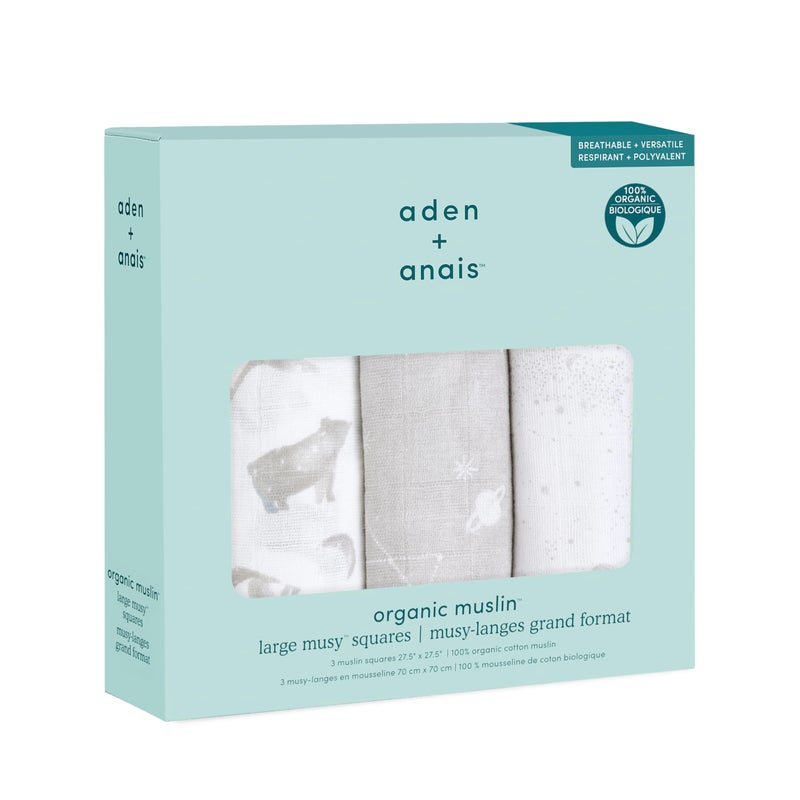 aden + anais Boutique Musy Squares, 100% Organic Cotton Muslin, Lightweight and Beathable Diaper Bag Essential, 3 Pack, Map The Stars - Image 2