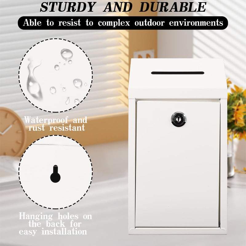 WAYASDCU Metal Donation Box with Lock Ballot Box Drop Box with Lock Suggestion Box with Slot and Locks Metal Locks Boxs Comment Box Voting Box Key Drop Box for Home Office(White,10.24 x 5.71 x 2.95 Inch) - Image 2