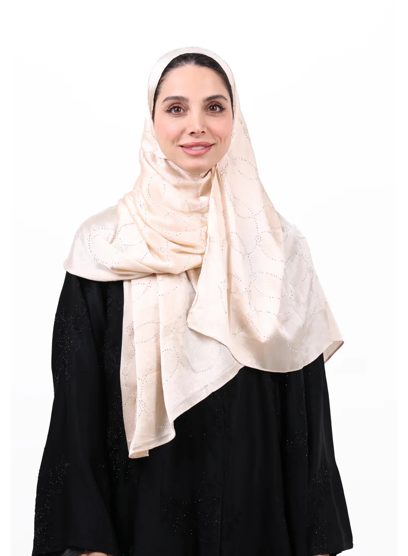 Jameela Luxury Muna Satin Embellished Scarf with Strass Detailing (Light Beige / Champagne)