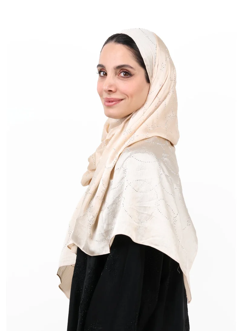 Jameela Luxury Muna Satin Embellished Scarf with Strass Detailing (Light Beige / Champagne)