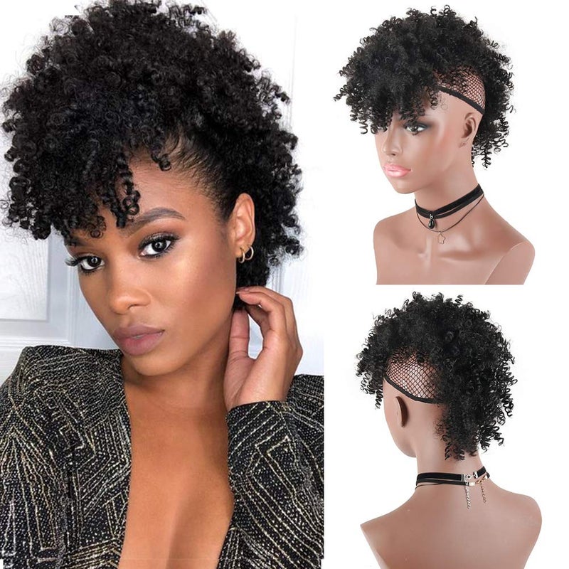 Aisaide High Puff Afro Mohawk Ponytail with Bangs No Drawstring,Short Kinky Curly No Drawstring Ponytail Extension,Synthetic Clip in Mohawk Ponytail Bun with Bangs,Wrap Updo Clip in Hair Extensions - Image 1