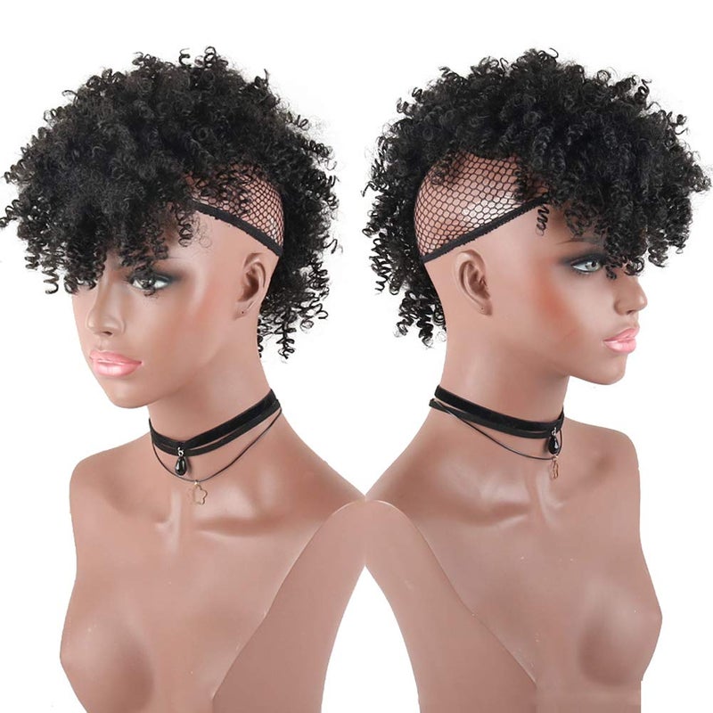 Aisaide High Puff Afro Mohawk Ponytail with Bangs No Drawstring,Short Kinky Curly No Drawstring Ponytail Extension,Synthetic Clip in Mohawk Ponytail Bun with Bangs,Wrap Updo Clip in Hair Extensions - Image 2