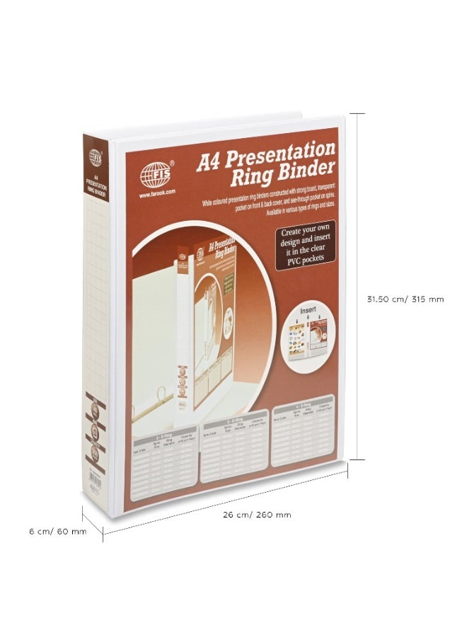 FIS Presentation Binder, A4 Size(210x297mm), 3[D]Ring Type, 40mm Ring Size, 2.25" Inches Spine with Clear PVC Pocket For Easy Insert Your Label Design, Packet of 2 Pieces, White Color-FSBD340DPB/2  - Image 5