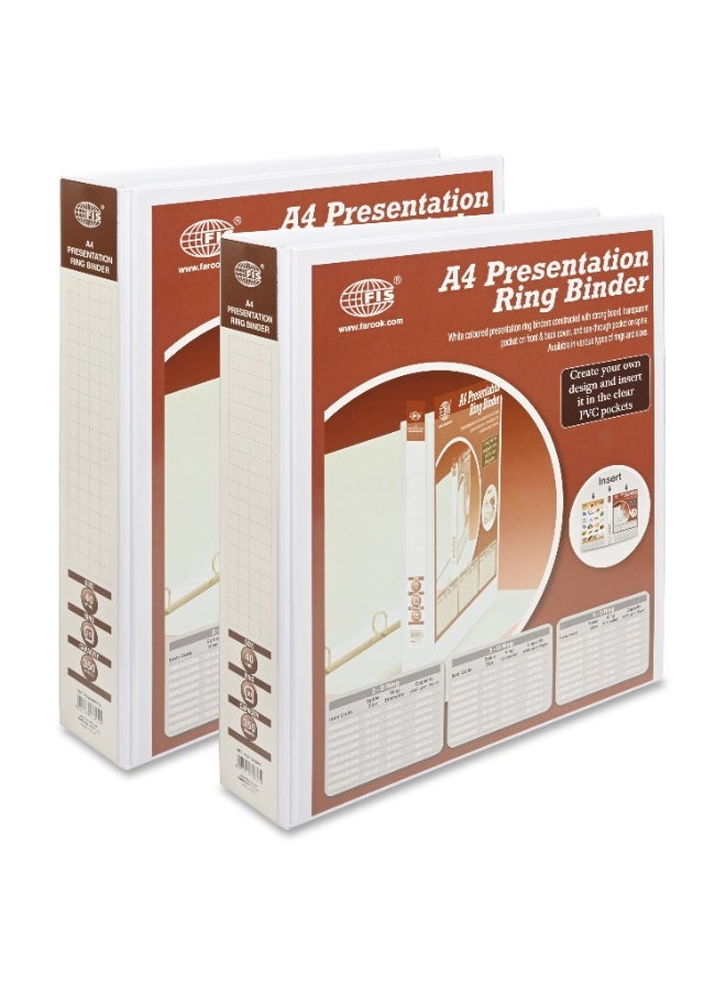 FIS Presentation Binder, A4 Size(210x297mm), 3[D]Ring Type, 40mm Ring Size, 2.25" Inches Spine with Clear PVC Pocket For Easy Insert Your Label Design, Packet of 2 Pieces, White Color-FSBD340DPB/2  - Image 1