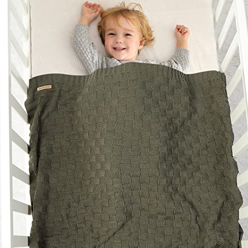 LAWKUL Baby Blankets Cable Babe Blanket Checkered Soft Cuddle Newborn Infants Receiving Swaddle Boys Girls Dark Green 40"x30" - Image 2