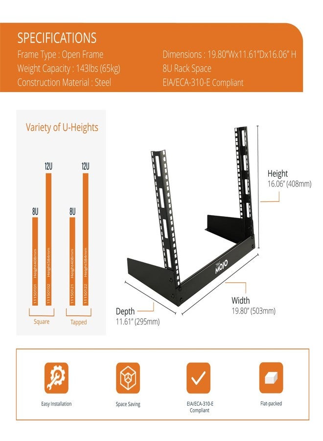 Tecmojo 2 Post 8U Desktop Sever Rack Small Open Frame Rack for 19 inch AV/Data/Audio/Studio Equipment Free Standing Home/Office Rack,Square Hole - Image 2