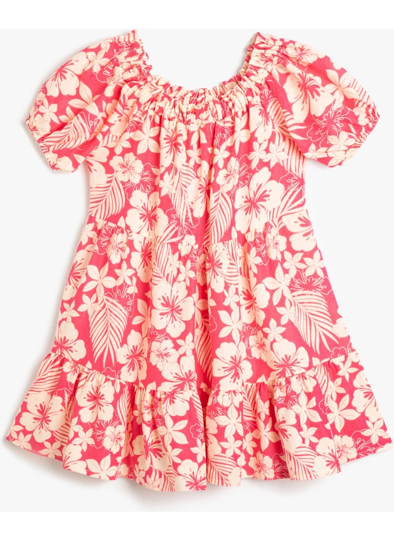 KOTON Linen Dress Floral Balloon Sleeve Layered