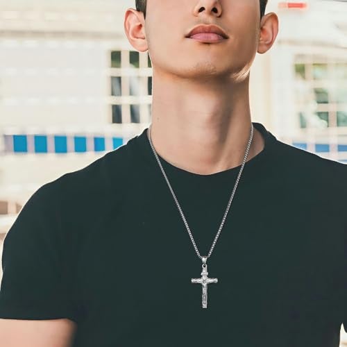 HZMAN Stainless Steel Jesus Crucifix Cross Necklace Religious INRI Cross Pendant for Men Women with 24 Chain Jewelry Gift - Image 3