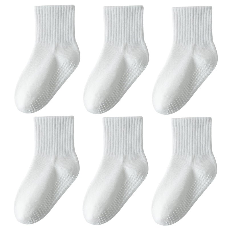 Wamvp Toddler Grip Socks with Non-Slip, Unisex Baby Retro Stripe Seamless Crew Ankle Cotton Socks for Girls Boys 6 Pairs,Pure White 1-3T - Image 1
