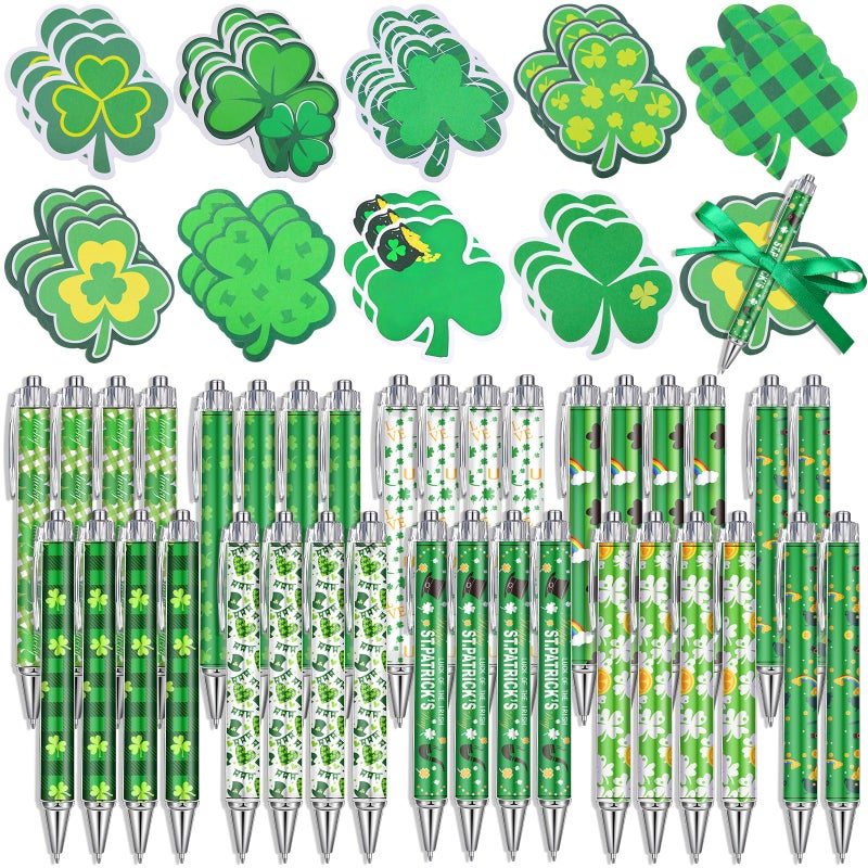 Zenoble 108Pcs St. Patrick's Day Pens and Sticky Notes Bulk Green Shamrock Sticky Note with Ribbons Coworkers Gifts for St. Patrick's Day Stationary Office Classroom Party Favors - Image 1