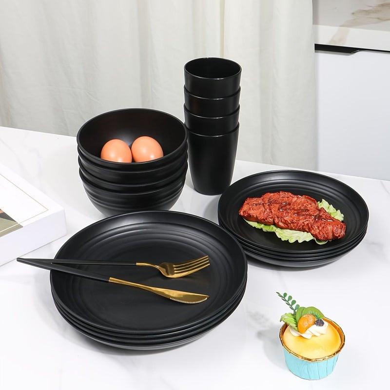 16 قطعة من أدوات المائدة البلاستيكية السوداء: 8 أطباق، 4 أوعية، 4 أكواب، آمنة للغسيل في غسالة الصحون للمنزل والمطعم - Image 3