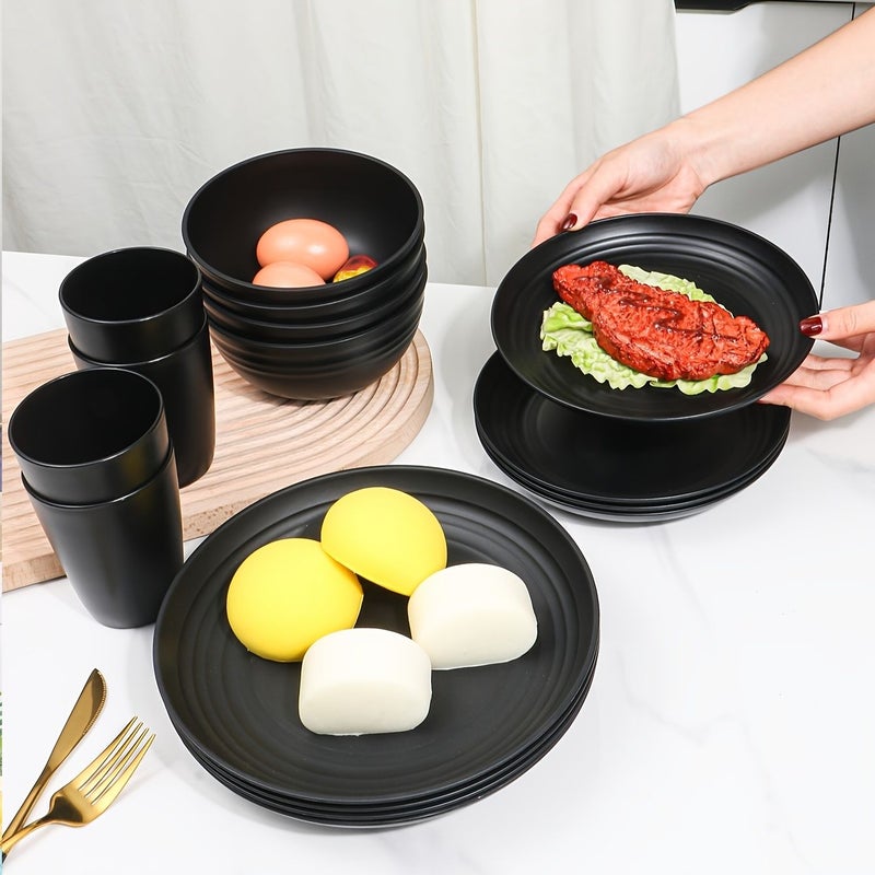 16 قطعة من أدوات المائدة البلاستيكية السوداء: 8 أطباق، 4 أوعية، 4 أكواب، آمنة للغسيل في غسالة الصحون للمنزل والمطعم - Image 5
