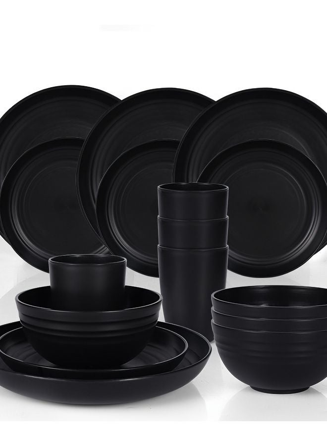 16 قطعة من أدوات المائدة البلاستيكية السوداء: 8 أطباق، 4 أوعية، 4 أكواب، آمنة للغسيل في غسالة الصحون للمنزل والمطعم - Image 2