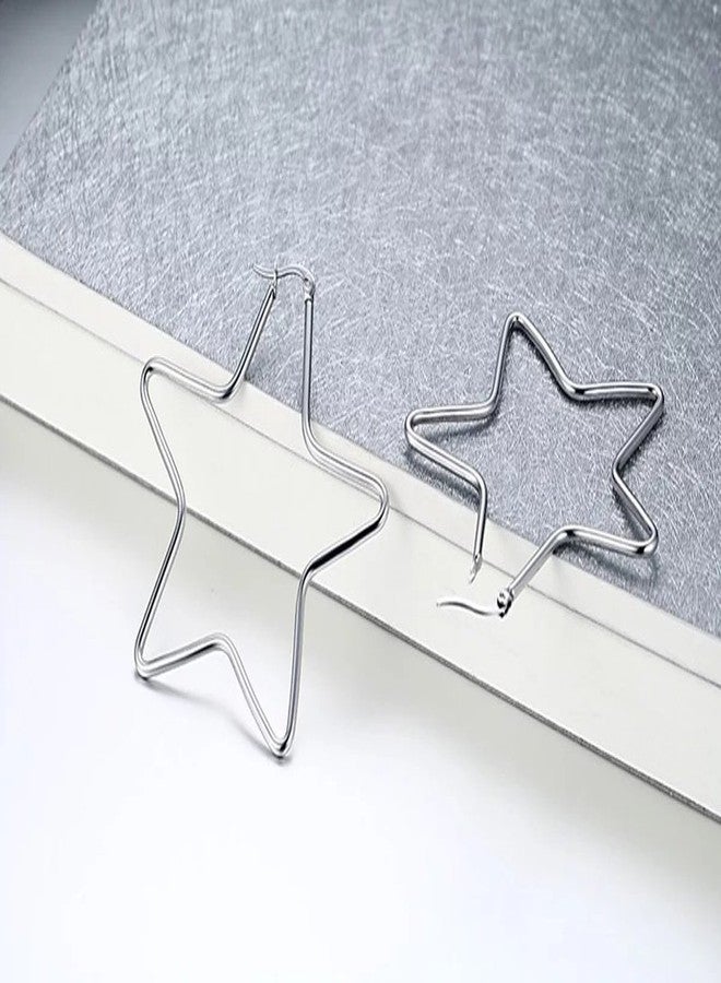 ديب أقراط حلقية كبيرة الحجم من الفولاذ المقاوم للصدأ بتصميم نجمة، مصقولة للغاية، للنساء، فضية اللون، 62 مم - Image 3