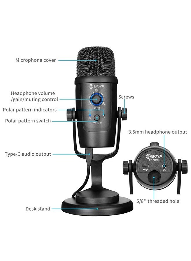 BOYA USB Condenser Microphone, BY-PM500 USB Studio Microphone for Windows, Mac & PC, with Detachable Stand for Vocals, YouTube Streaming, Gaming, Conference Call, ASMR, Podcast Video Recording