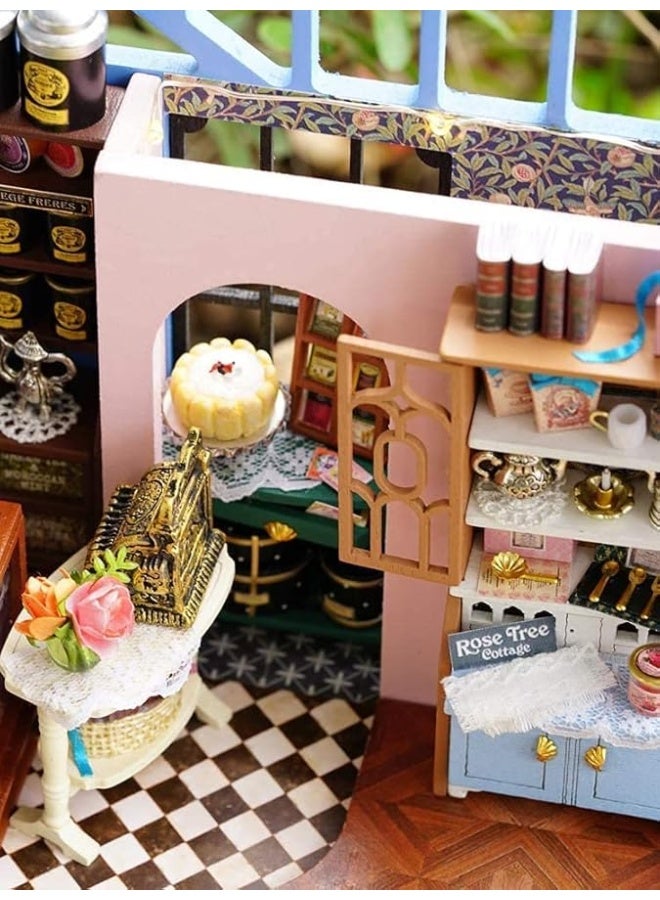 CUTEROOM Dollhouse Miniature with Furniture, 3D Wooden Miniature Doll House with Music Box & LED Lights,1:24 Scale DIY House Kit (Rose Garden Tea House) - Image 1